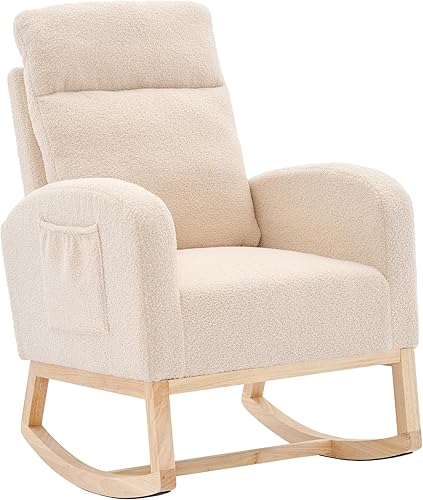 LUSPAZ Silla mecedora moderna con acento y patas de madera maciza, mecedora tapizada para cuarto de bebé, cómoda silla con bolsillo lateral, sillón