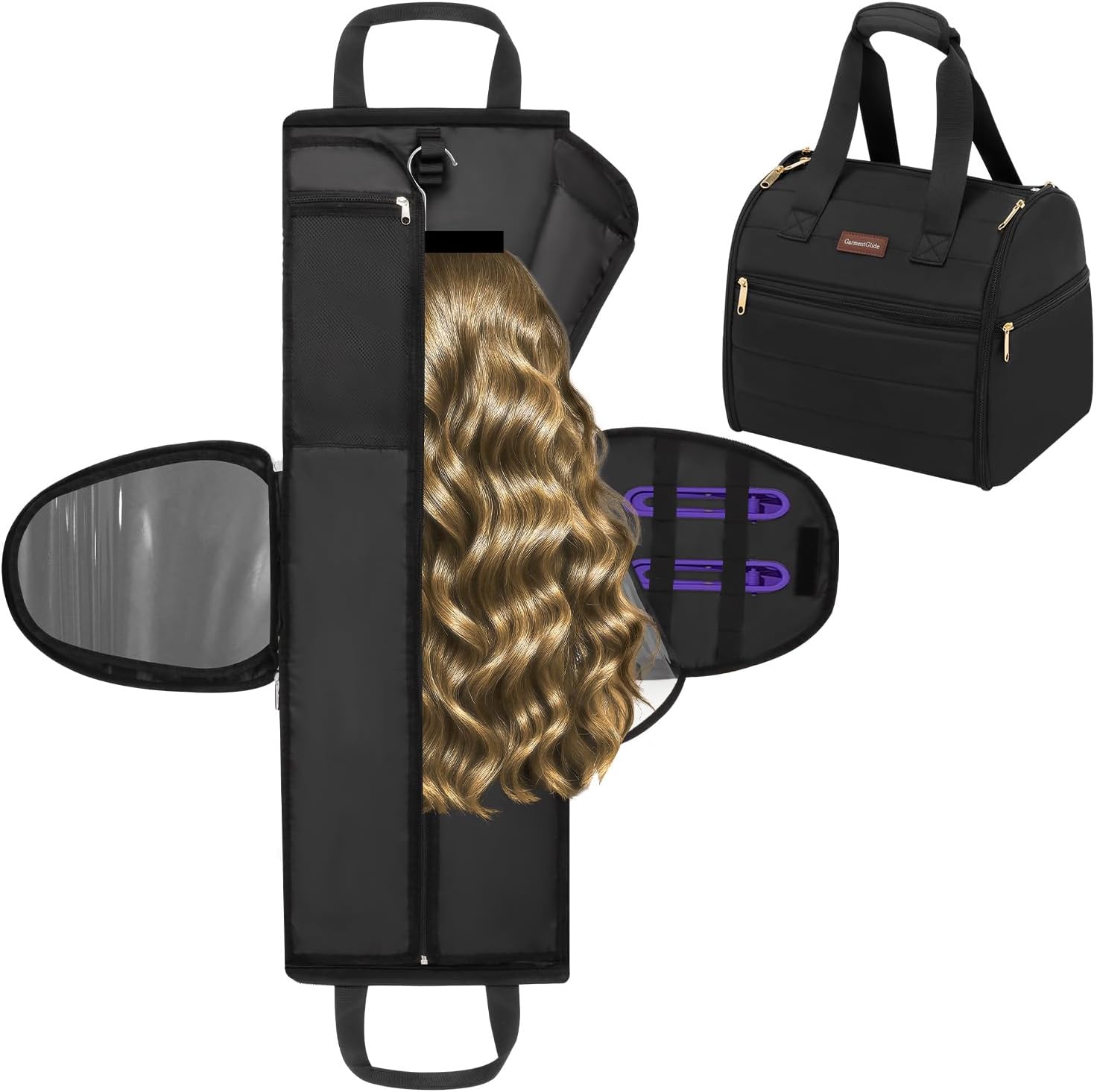 Wig Storage Bag Holds 3 Wigs Hair Tools Travel Bag Full-Open Breathable Organizer Case for Clips, Hair Dryer, Flat Curling Iron Brushes,Cosmetic Toiletry Tote Christmas Gift for Women Stylist