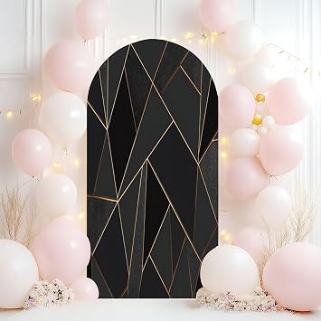 Wedding Arch Backdrop Cover 6.6FT Golden Lines Mosaic Gold Black Texture Luxury Style Spandex Fitted Arch Cover Round Top Stands Cover for Birthday Party Ceremony Banquet Decoration