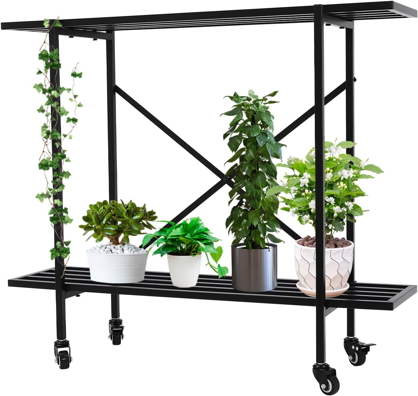 YIYIBYUS 2 Tier Metal Plant Stand, Heavy Duty Potted Flower Holder Narrow Plant Stand Indoor and Outdoor,Plant Shelf Planter Display Shelving for Patio Garden, Balcony, Living Room (Black w/ Wheels)