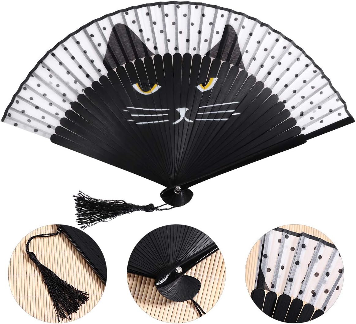 Women Cartoon Cat Folding Silk Fan Handheld Fan (Black)