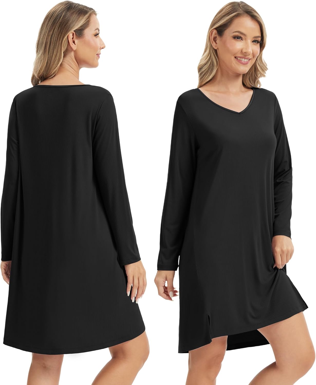 WiWi Women's Nightgown Soft Ribbed Long Sleeve Nightshirt Bamboo Viscose V-Neck Sleepwear Casual Sleep Shirt S-XXL - Image 3