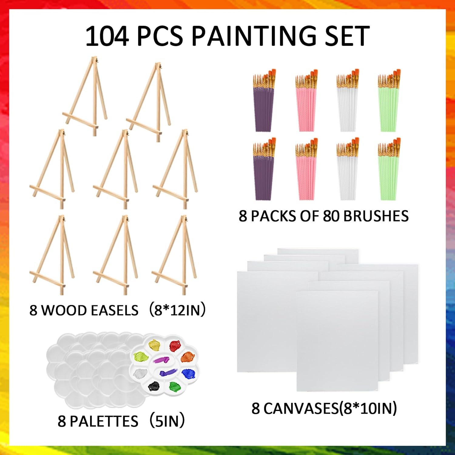 Rabbitale 104 Pcs Art Painting Kit Supplies Set for Party - 8 Packs of 80 Brushes, 8 Wood Easels(8 * 12in), 8 Canvas Panels(8 * 10in) & 8 Palettes(5in), No Paint
