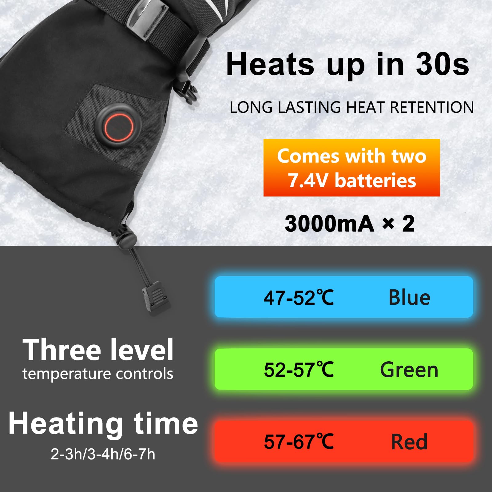 Loowoko Guantes Calefactables con batería 7.4v 3000mah × 2, 3 Niveles de Calentamiento, Impermeables, Pantalla táctil, Guantes calefactables USB para Trabajo al Aire Libre, Moto, Bicicleta, esquí