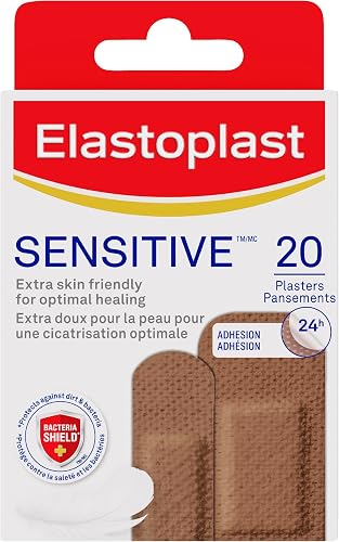 Elastoplast Sensitive Hypoallergenic Plasters Medium, Plasters for Painless Removal, Soft and Breathable Fabric Plasters, Medium Skin Tone, 20 strips