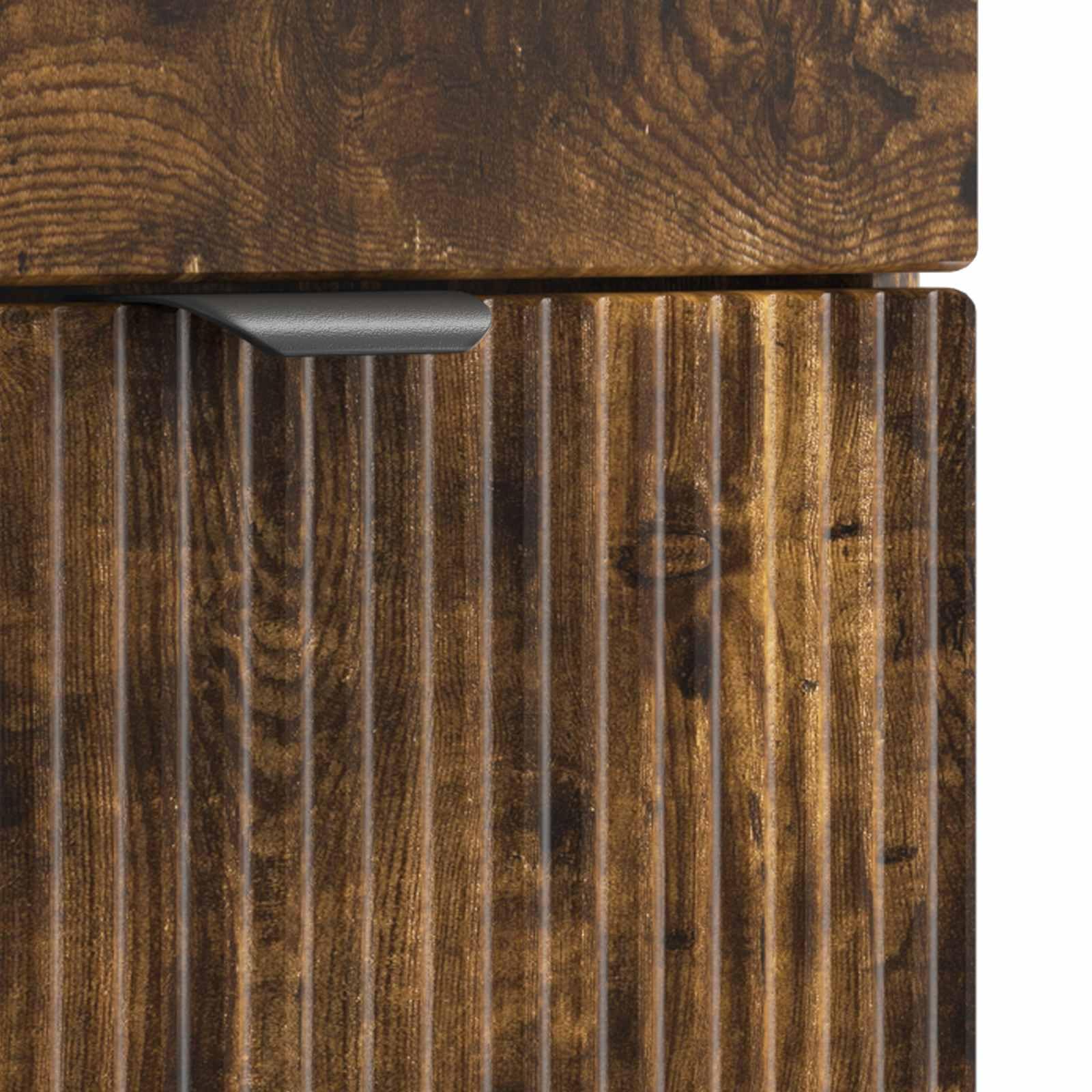 Mueble de baño de roble ahumado, 54 x 41 x 70 cm | Elegante mueble de lavabo para baño de invitados con orificio de placa flexible y mango negro.