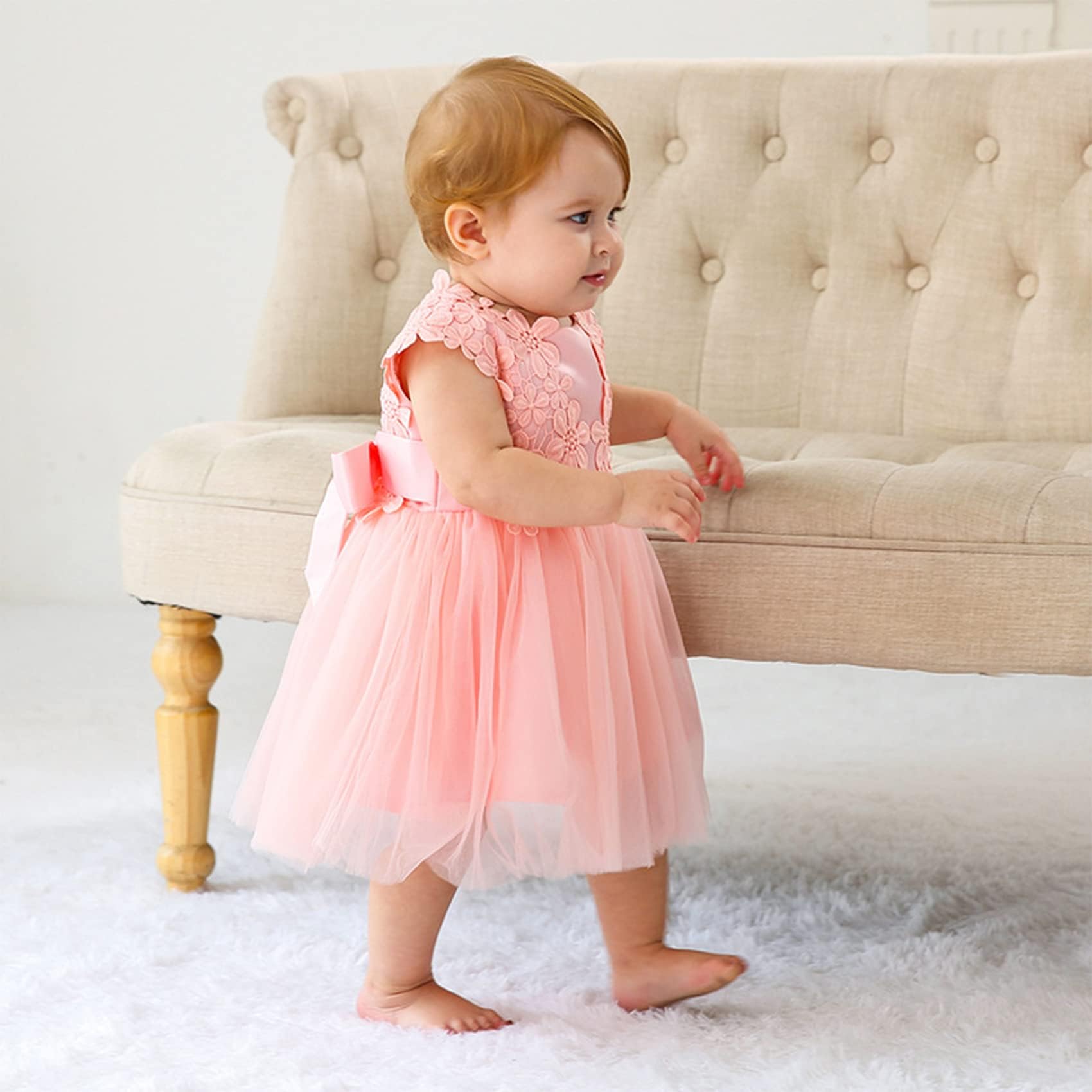 Abito Bimba Battesimo con Tulle Sfumato Arcobaleno,Abito da Festa Principessa Senza Maniche con Fiori e Pizzo,Vestito Elegante per Bambina 6-24 Mesi,Regalo per Cerimonie