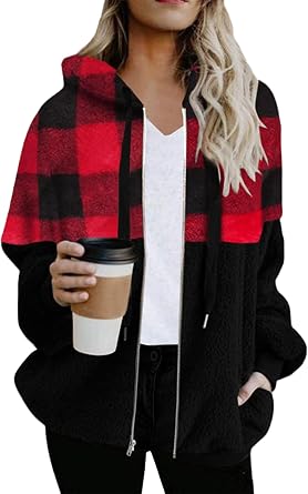 BOFETA Womens Sherpa Jacket Zip Up Hoodie Oversized Plaid Winter Coats with Pockets