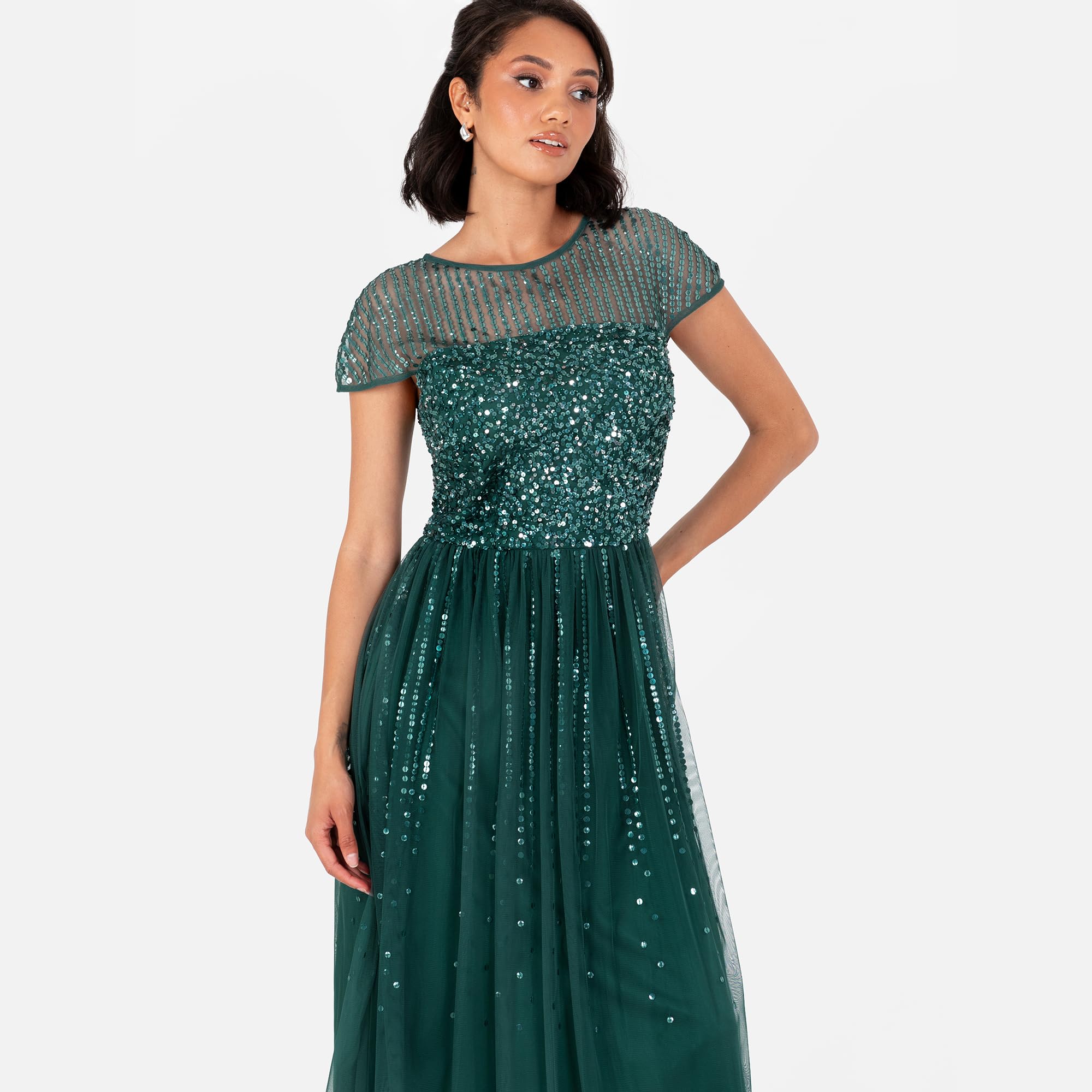 Maya Deluxe Damska sukienka maxi, z okrągłym dekoltem, z paskiem w paski, z haftowaną koszulką, z motywem nagrody A-line, szmaragdowy (Emerald Green), 54