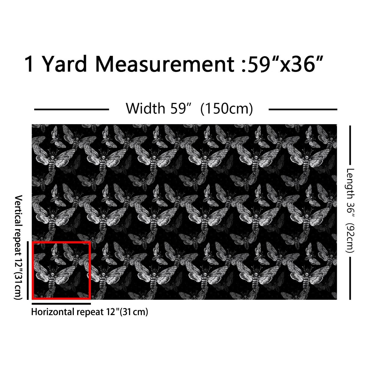 Gothic Moth Fabric by The Yard,Halloween Style White Skull Home DIY Fabric by The Yard,Death Moth Butterfly Fabric for and Home Accents,1 Yard - Image 2