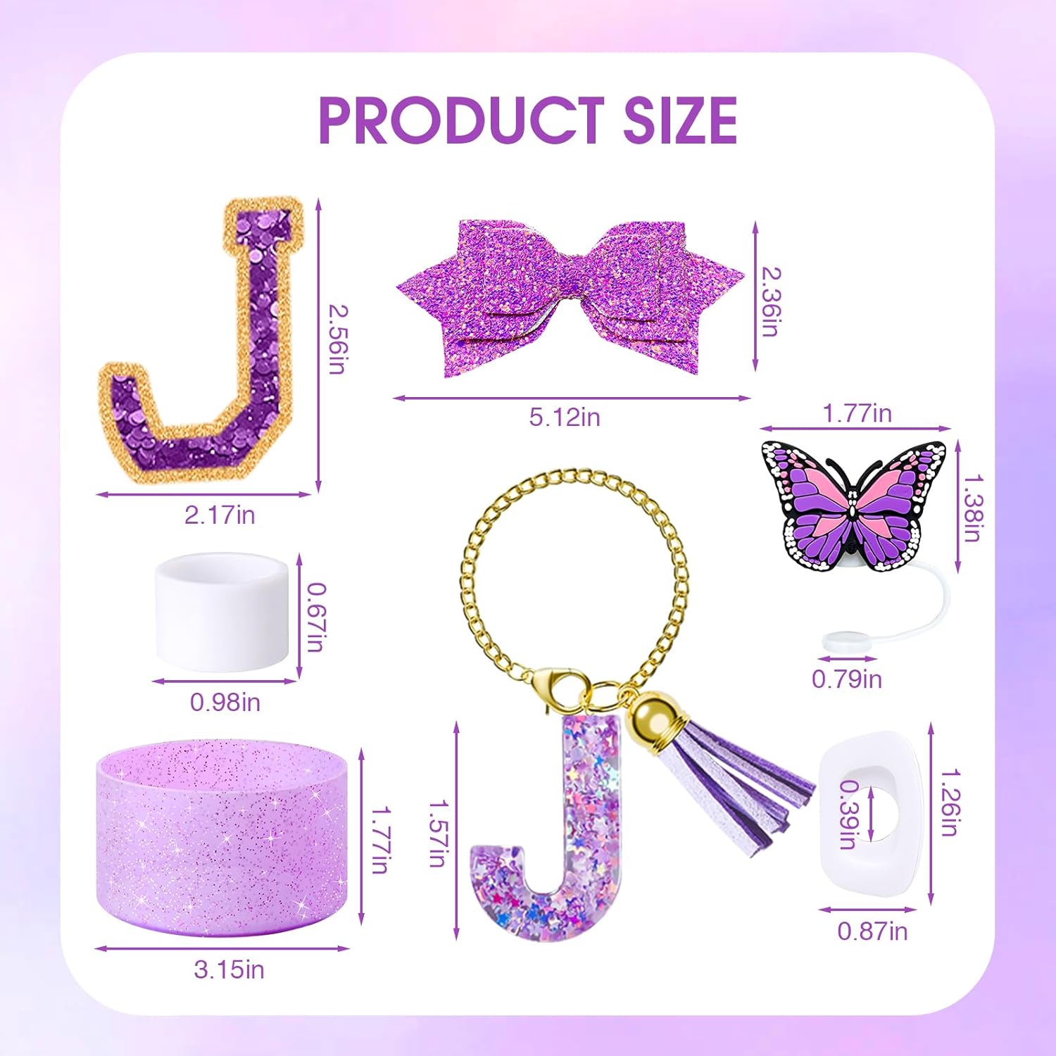 7Pcs Purple Stanley Cup Accessories Set for Stanley Cup 30&40 Oz Tumbler - Silicone Straw Cover Cap and Boot, Letter Charm for Handle, Spill Proof Stopper, Bow straw Decoration, Initial Sticker(J) - Image 2