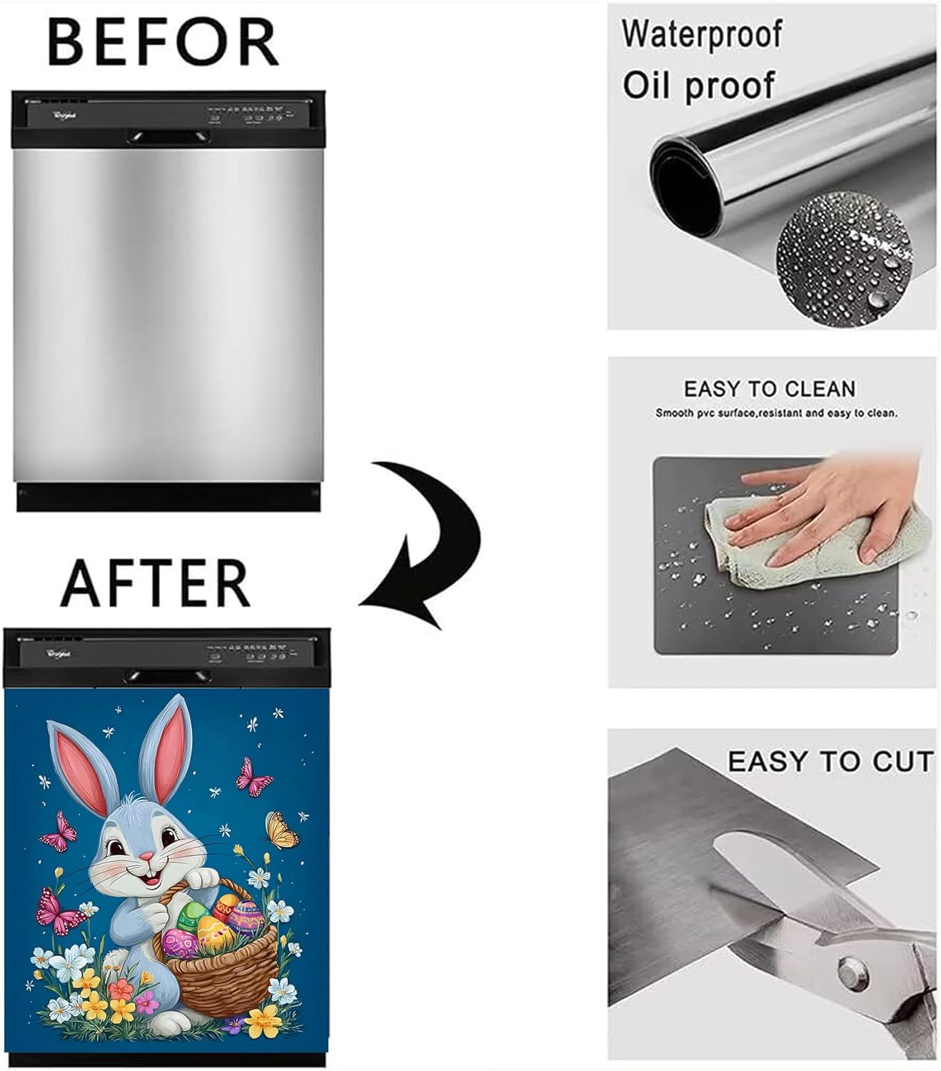 BVBOX Dishwasher Magnet Cover 23"x26" Reusable Magnetic Refrigerator Covers Dishwasher Magnets Decorative Cover Fridge Door Skin Panel Stickers (Rabbit Flower Basket, 23" W x 26" H)