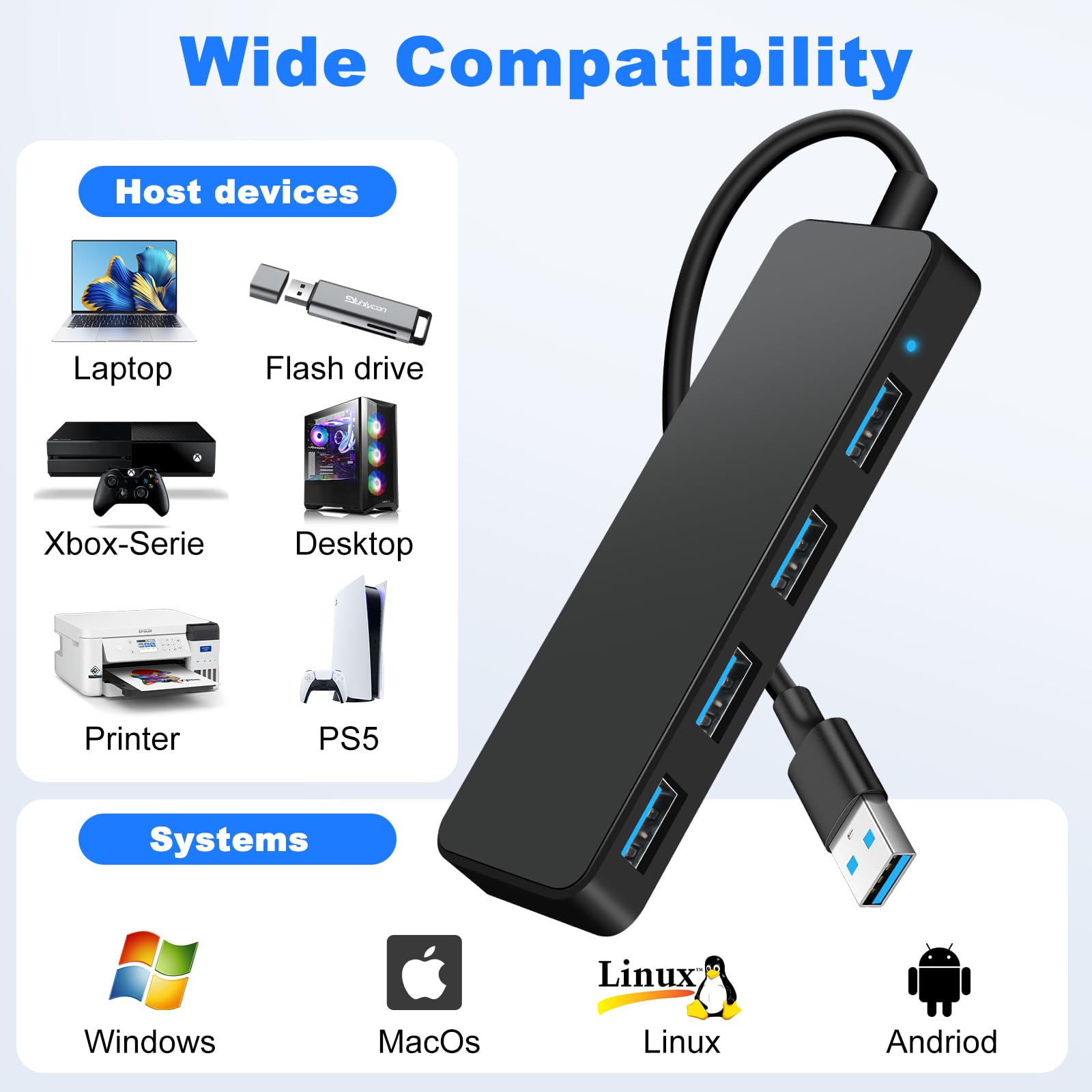 Hub USB 3.0 4 Ports Multiprise Ultra Fin 5 Gbps Adaptateur Multi USB pour MacBook Pro/Air iMac Surface Pro XPS PC