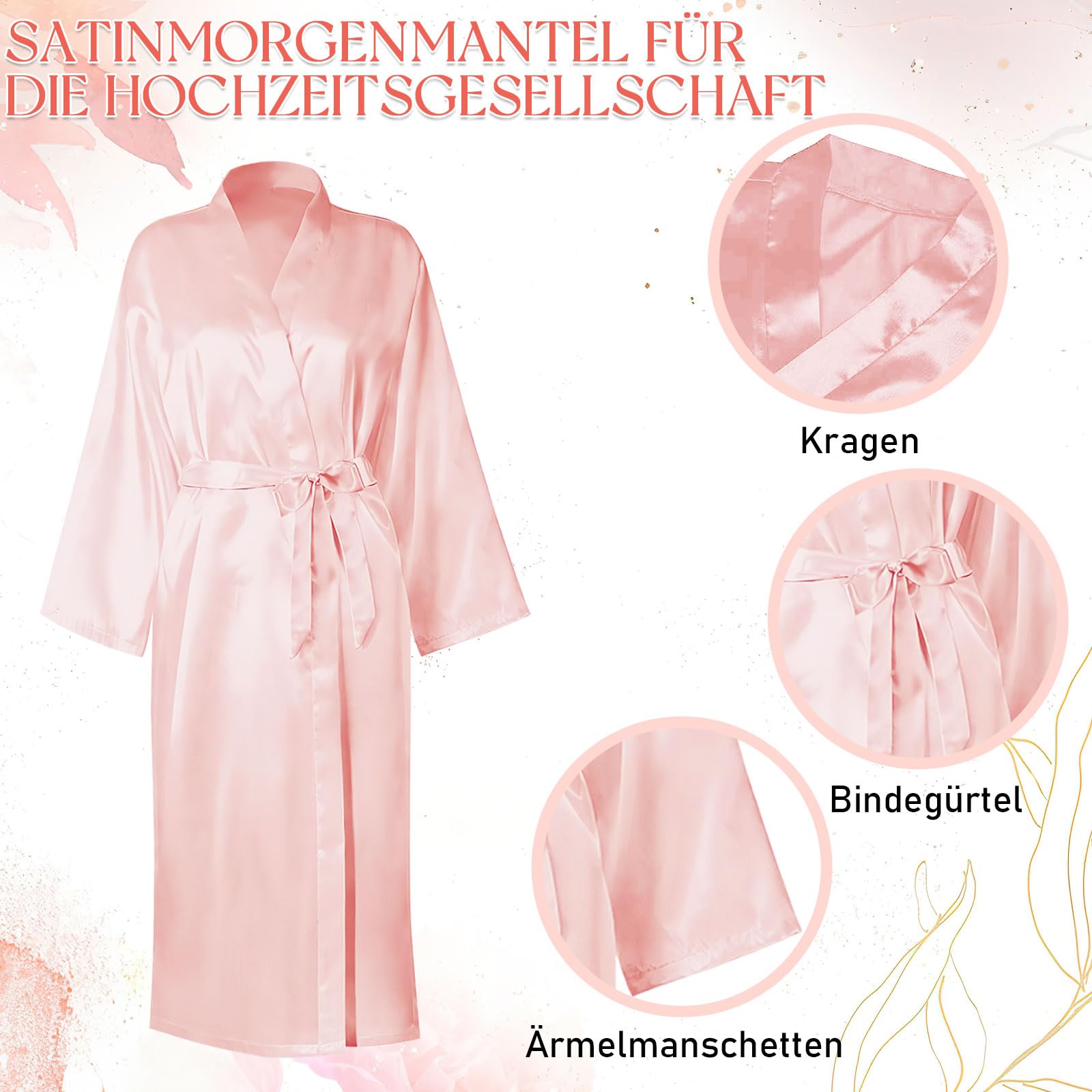 12 Stück Damen Satin Bademantel Morgenmantel Lang Brautjungfernkleid Hochzeitsfeier Kimono Seidenroben mit Gürtel Kimono V-Ausschnitt Morgenmantel für Spa Haus und Hotel (Rosa)