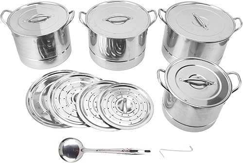 Juego de 4 ollas de acero inoxidable, juego de ollas de sopa de acero inoxidable multiusos con 8 tapas para cocinar al vapor, freír y hervir a fuego