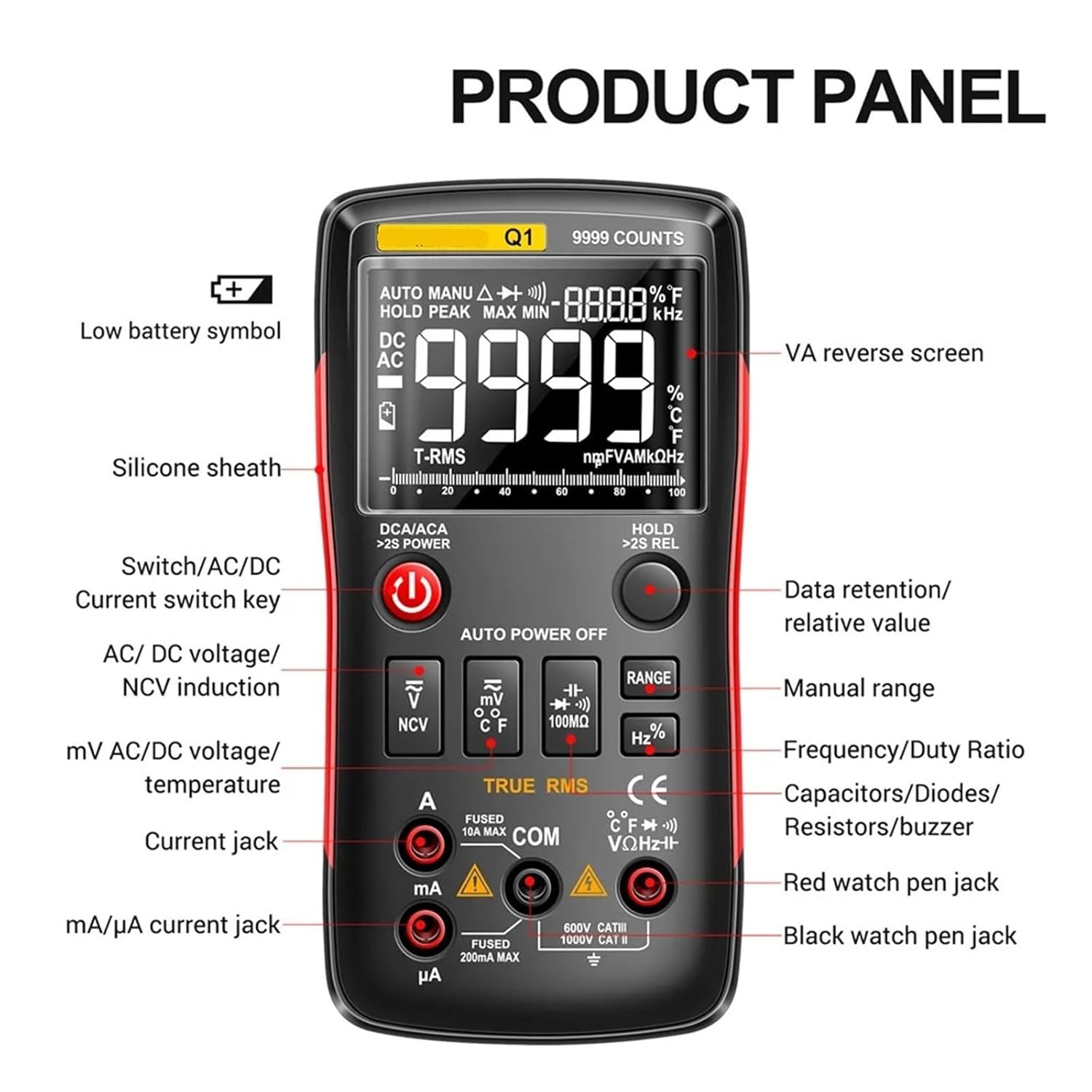 Digital Multimeter 9999 Analog Tester Q1 True RMS Professional Multimetro DIY Transistor Capacitor NCV Testers LCR Meter(Q1 Red Pro)