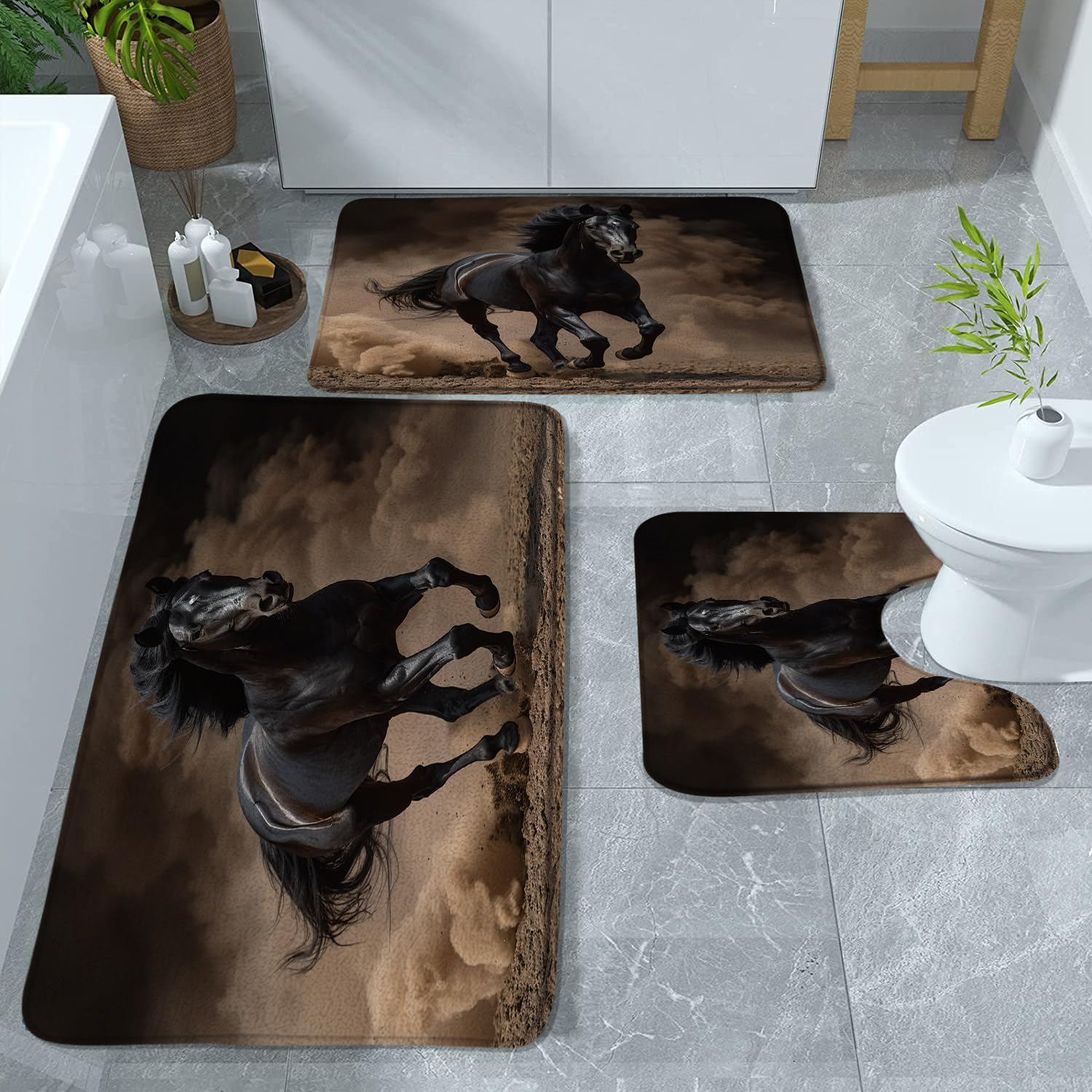 3 Pieces Western Horse Bath Mat Set Rustic Strong Masculine Stallion Brown Black Farm Animal Runing in Desert Sand Farmhouse Bathroom Rugs Bedroom Laundry Kitchen Mats