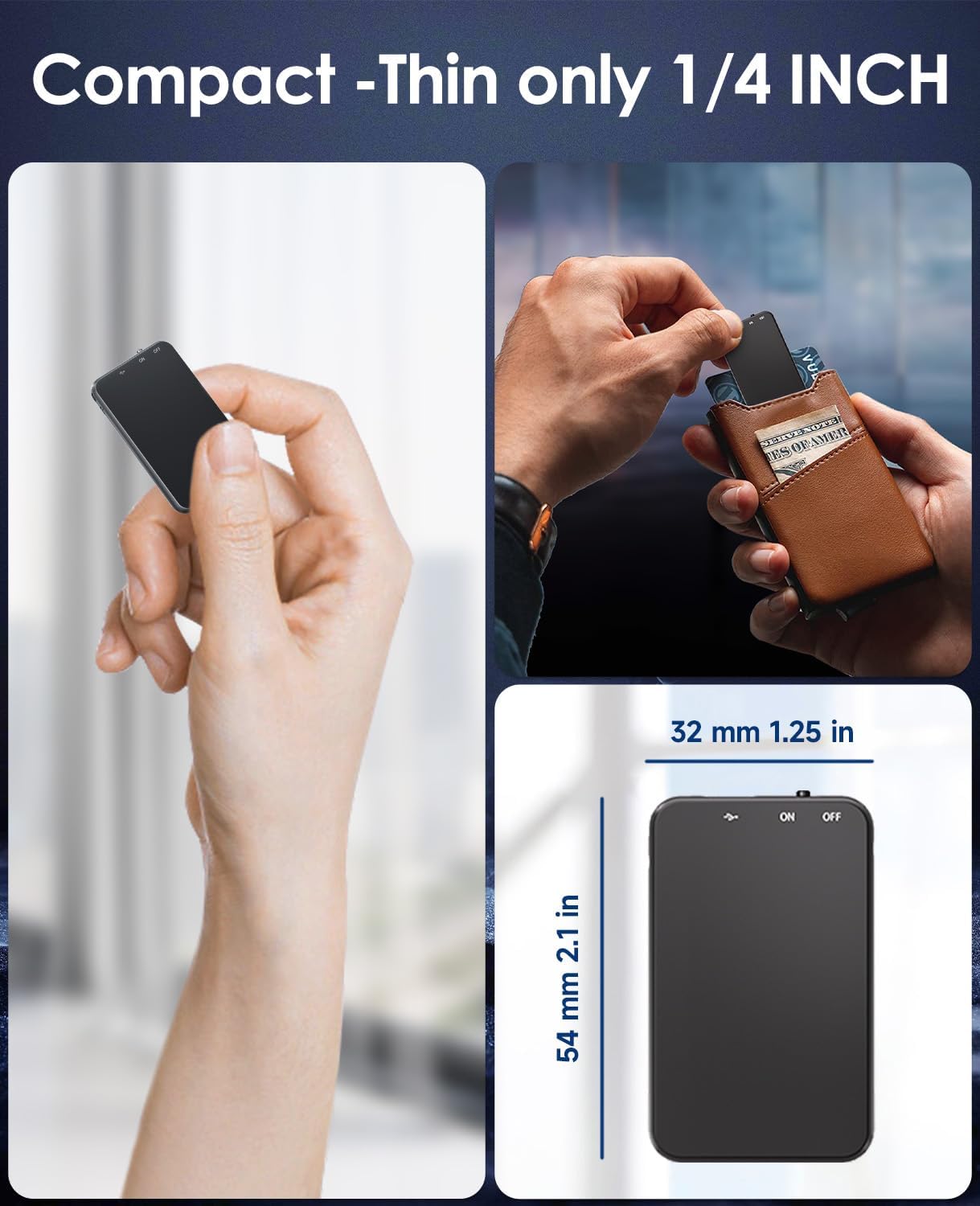 Vormooi V15 Voice Recorder held in hand and next to a wallet, showing its compact size and dimensions (2.1 inches by 1.25 inches, 1/4 inch thin).