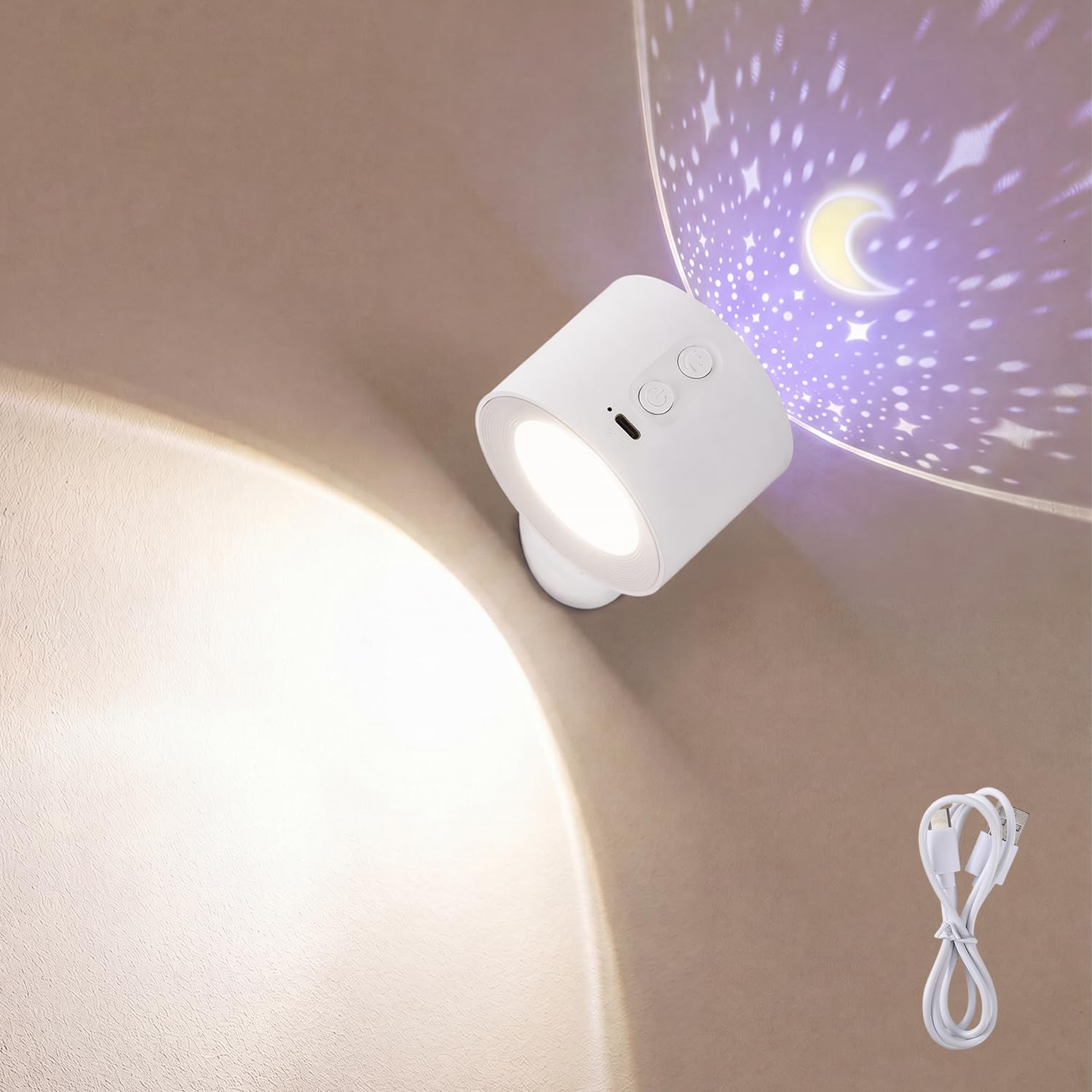 LED Wall Light with Projection Effect, Rechargeable Wall Mounted Lights with 3 Colors & Stepless Brightness Levels, 360°Rotation Wall Picture Lights for Living Room Bedroom Corridor Stairs Gallery