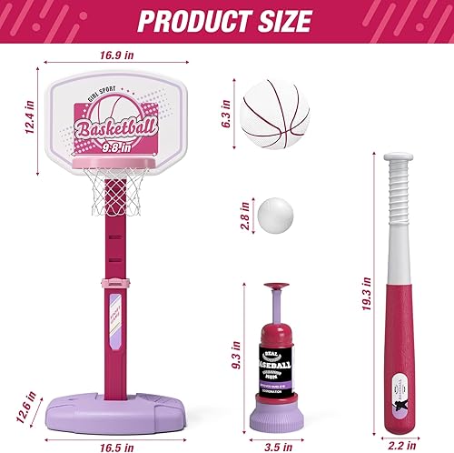 Miniatura 8 de Juego de aro de baloncesto y pelota en T 2 en 1 para niños, altura ajustable, camiseta de béisbol para niños con máquina de lanzamiento automática,