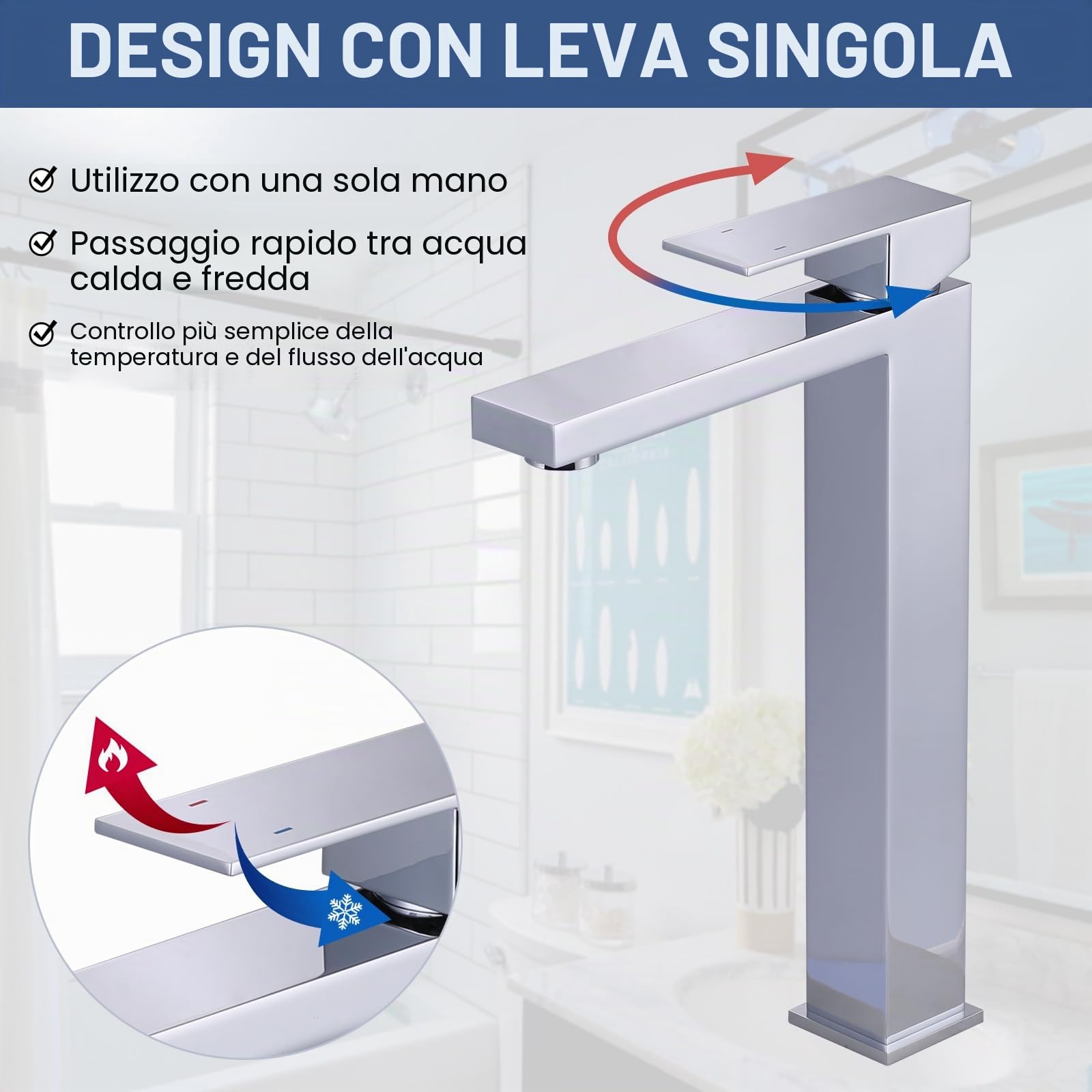 ARCORA Rubinetto da Lavabo Alto, Rubinetto in Acciaio Inossidabile 304, Rubinetteria con Regolazione Acqua Calda e Fredda, Aeratore Rimovibile, Cartuccia in Ceramica, per Lavandini Bagno, Cromo