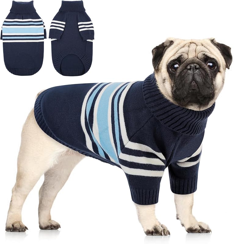 Suéter de Tricô Listrado para Cães Queenmore com Gola Alta e Abertura para Guia, Azul-marinho, M