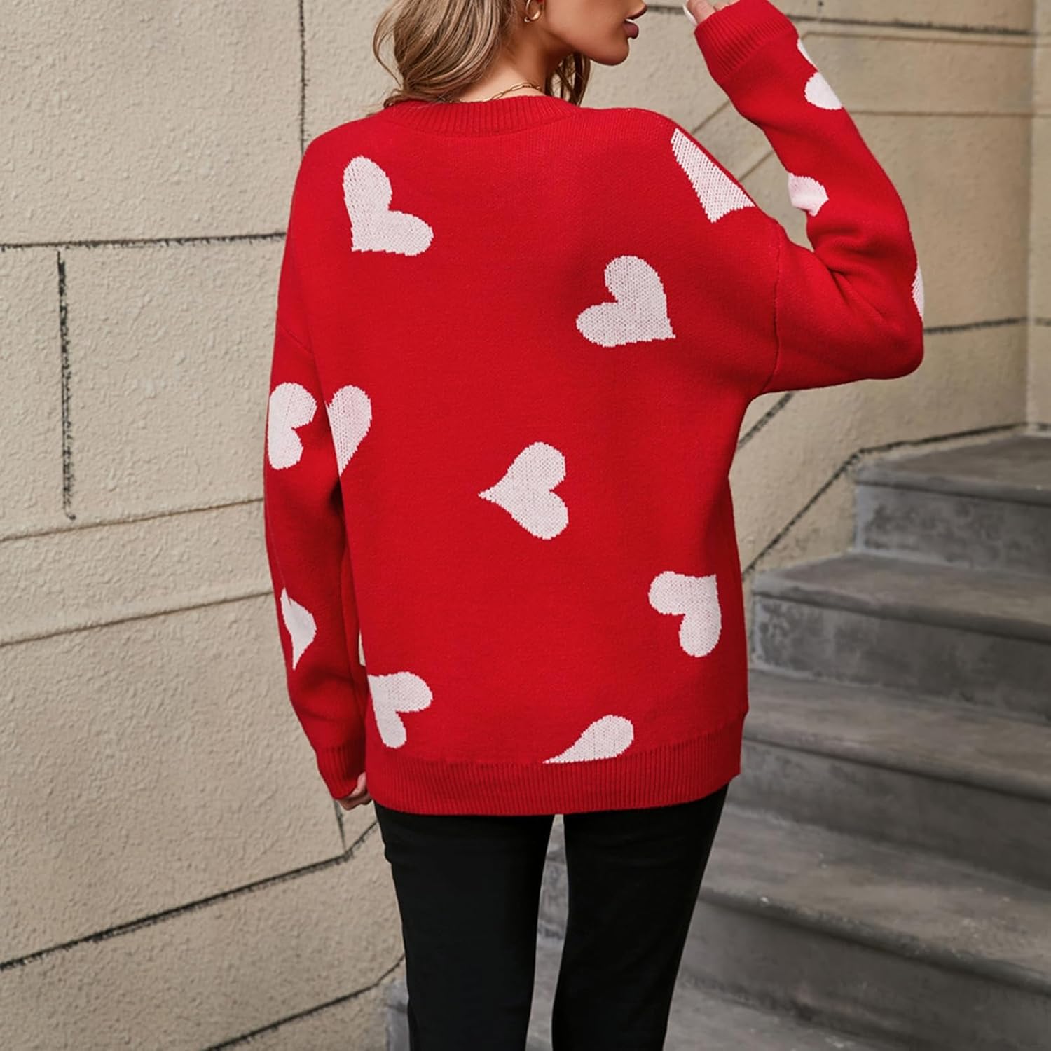 Women Y2k Valentines Oversized Knit Sweater Heart Print Long Sleeve Crew Neck Loose Pullover Tops Streetwear - Image 6