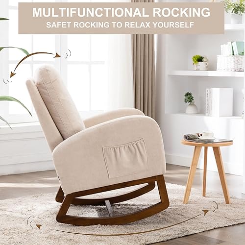 Miniatura 6 de Silla mecedora para guardería sillón tapizado de tela decorativa asiento acolchado de madera con bolsillo de 2 lados silla de lactancia con patas de