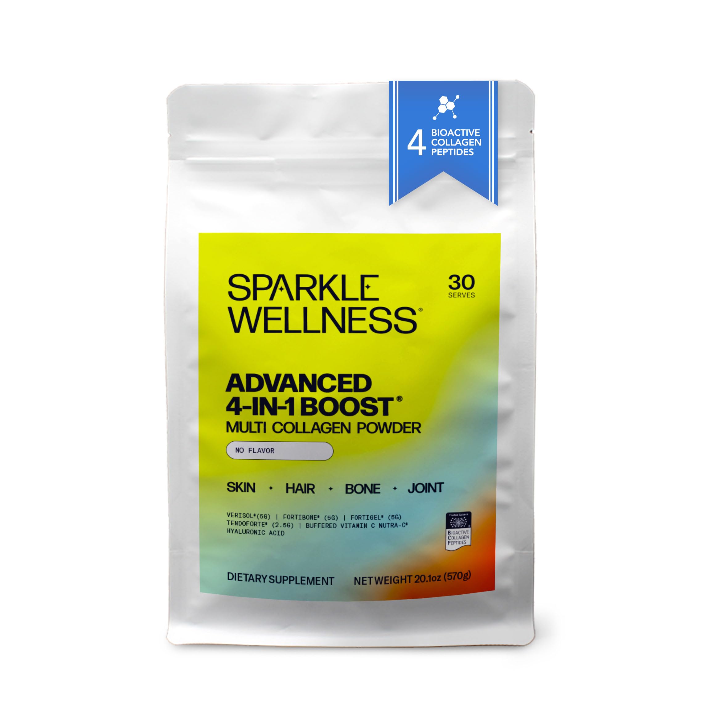 Sparkle Wellness Advanced 4 in 1 Boost Clinically Tested Multi Collagen Powder with VERISOL FORTIBONE FORTIGEL TENDORFORTE Skin
