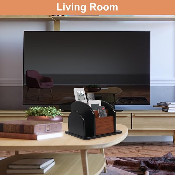 Coideal Wooden Remote Control Holder Organiser for Table, Large Wood Desk Storage Caddy Rotating Pen Pencil Holder for Office Supplies (6 Compartments, Brown & Black)