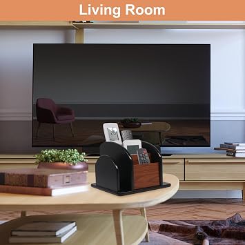 Coideal Wooden Remote Control Holder Organiser for Table, Large Wood Desk Storage Caddy Rotating Pen Pencil Holder for Office Supplies (6 Compartments, Brown & Black)