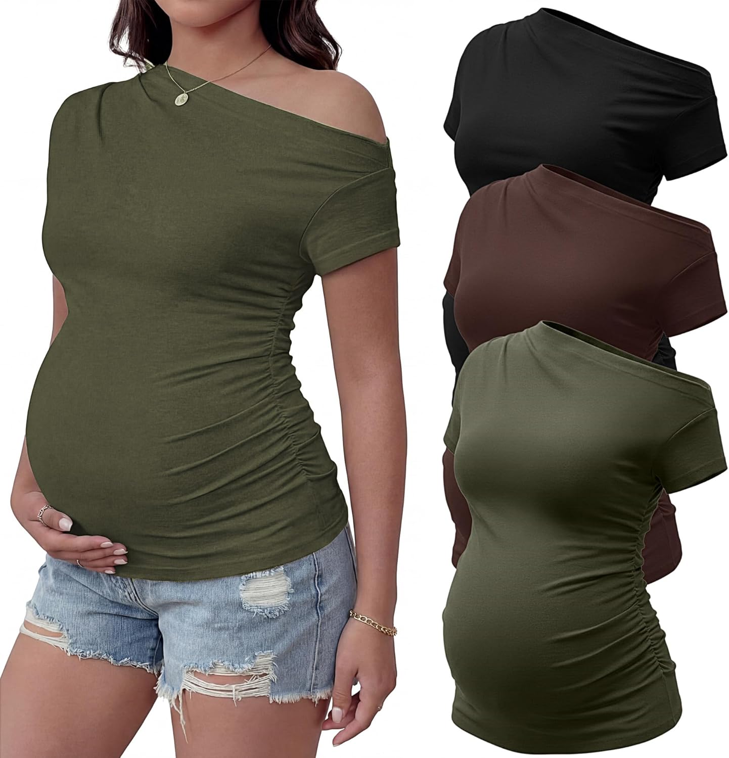 3 Pack Women Off The Shoulder Maternity Tops Ruched Short Sleeve Pregnancy Shirts Tunic Casual Pregnant T-Shirts