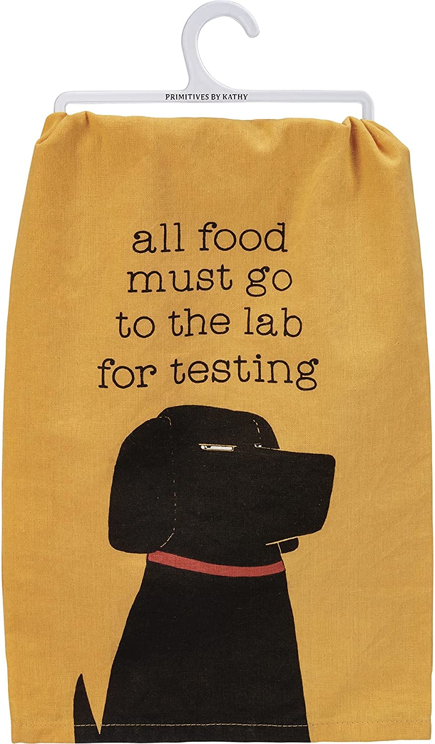 Primitives by Kathy Decorative Kitchen Towel - All Food to The Lab for Testing, Yellow, Black, Cream, Red, Small