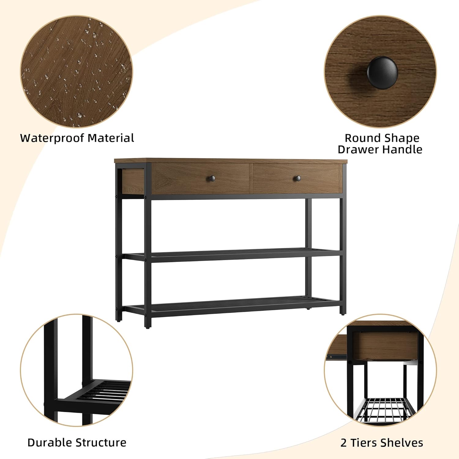 Console Table, Entryway Table, Beside Table with 2 Drawers and 3 Tiers Open Shelf, Durable Structure with Metal Frame, Round Shape Drawer Handle for Hallway, Living Room in Brown