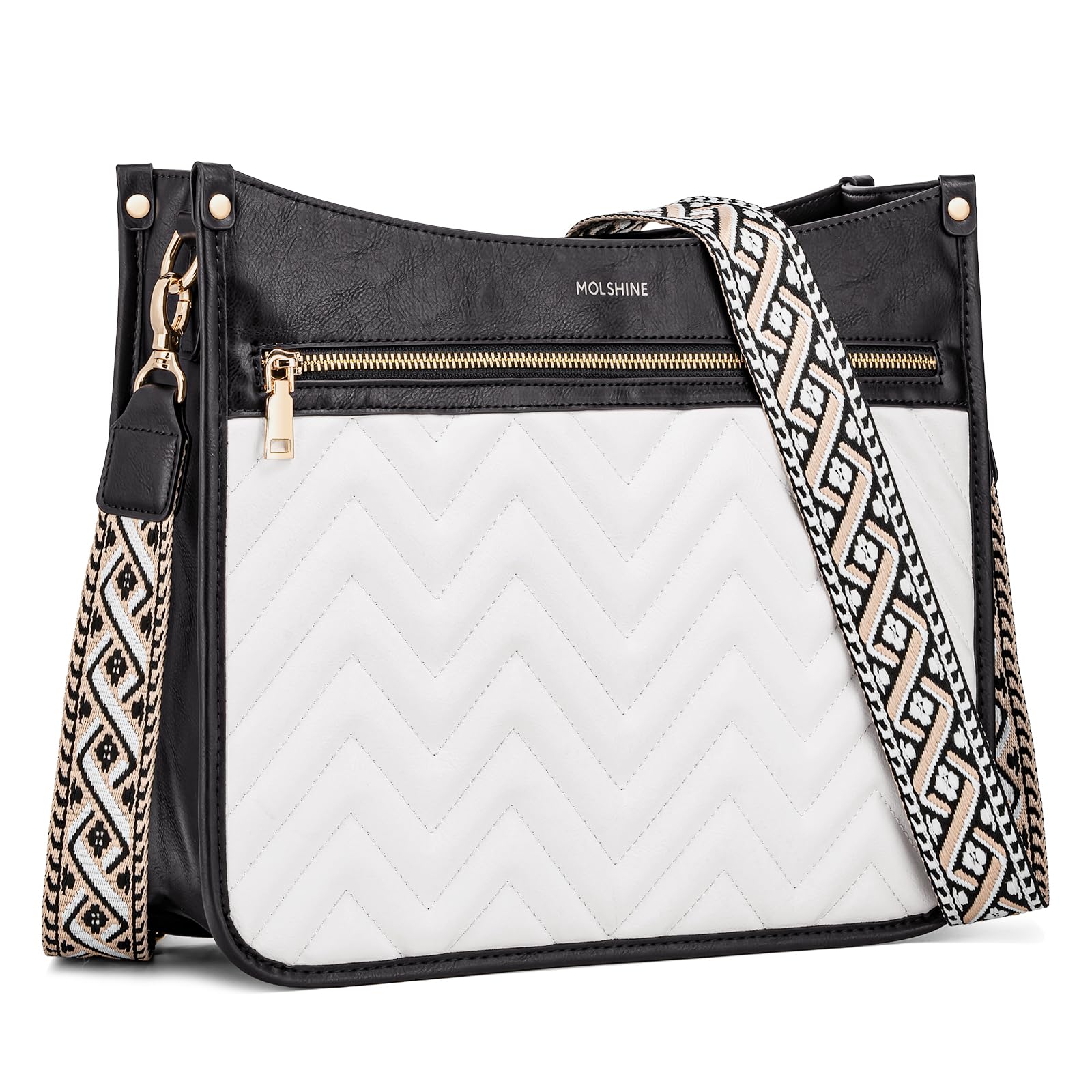 molshine Quilted Crossbody Bags for Women, Medium PU Leather Crossbody Shoulder Handbag with Adjustable Wide Strap DLK0039 (Black)
