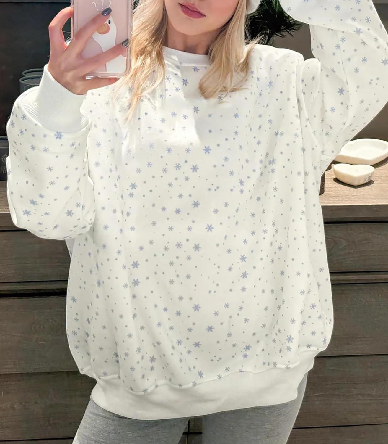 BAIGRAM Women Oversized Crew Neck Snowflake Ditsy Floral Sweatshirt Comfy Fleece Pullover Y2K Aesthetic 2025 Fall Clothes - Image 6
