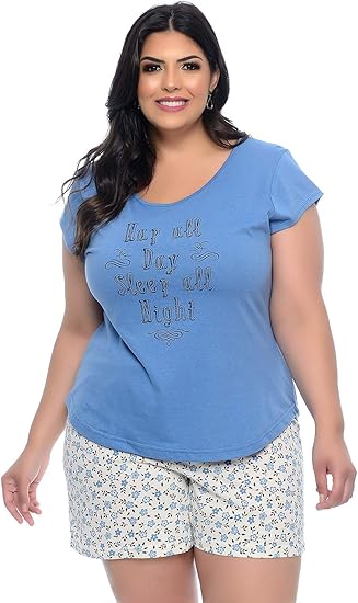 Pijama Plus Size Azul Claro com Shorts Estampado | Amazon.com.br
