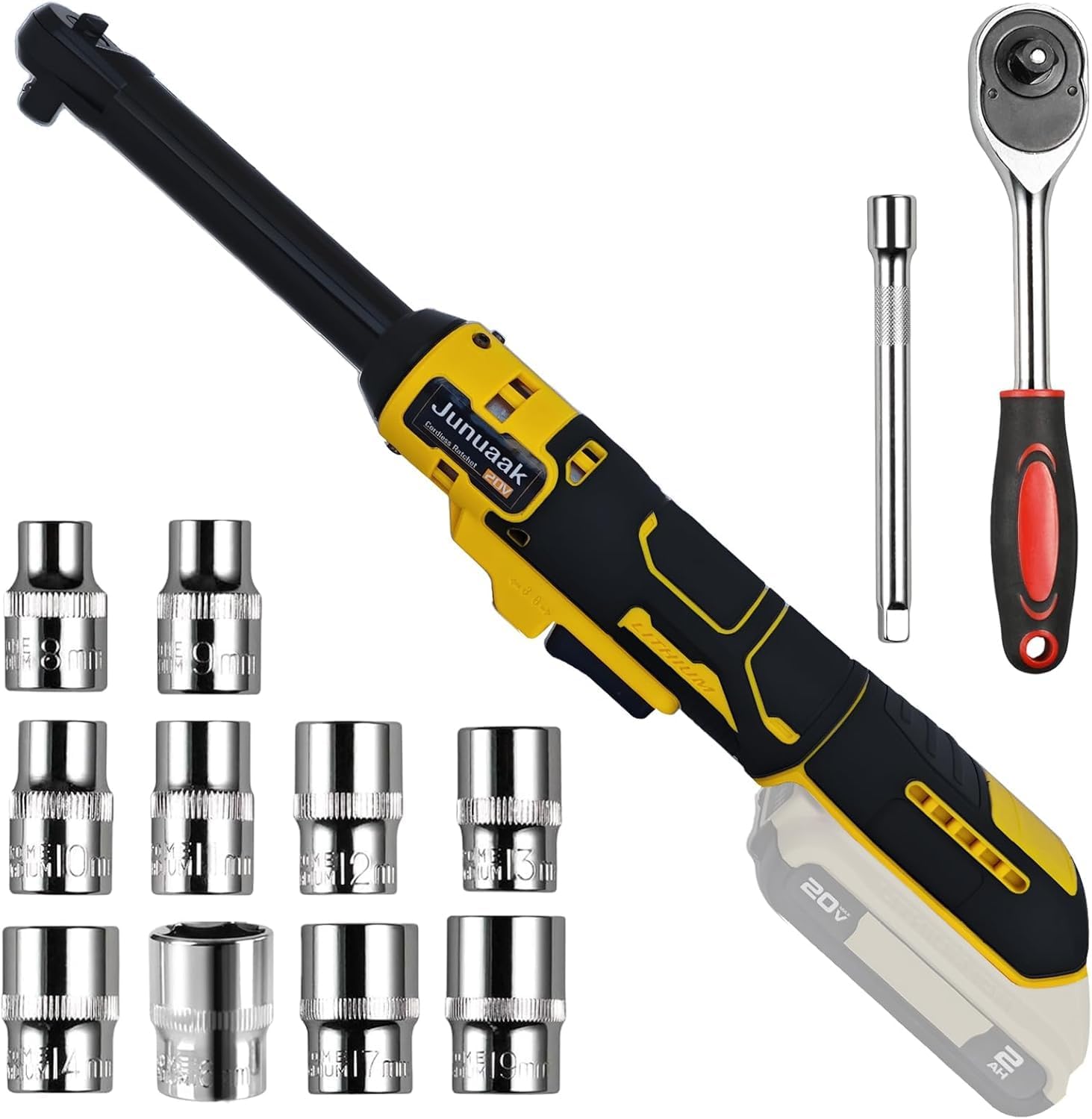 3/8" Extended Cordless Ratchet Wrench for De-Walt 20V MAX Batteries(No Battery) 6"Extension Bar Power Electric Ratchet Driver with Variable Speed 60Ft-lbs Cordless Ratchet 10 Sockets with led light