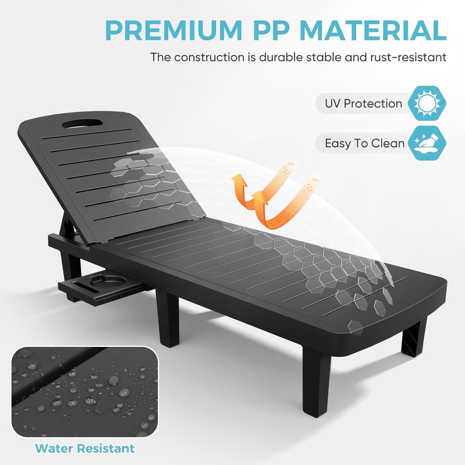 Outdoor Chaise Lounge Set of 2, 5-Position Adjustable Sun Lounge w/Pull-Out Tray, Waterproof PP Lounge Chairs for Outside, Lounge Chairs for Poolside, Patio, Beach, Yard in All Weather,Black