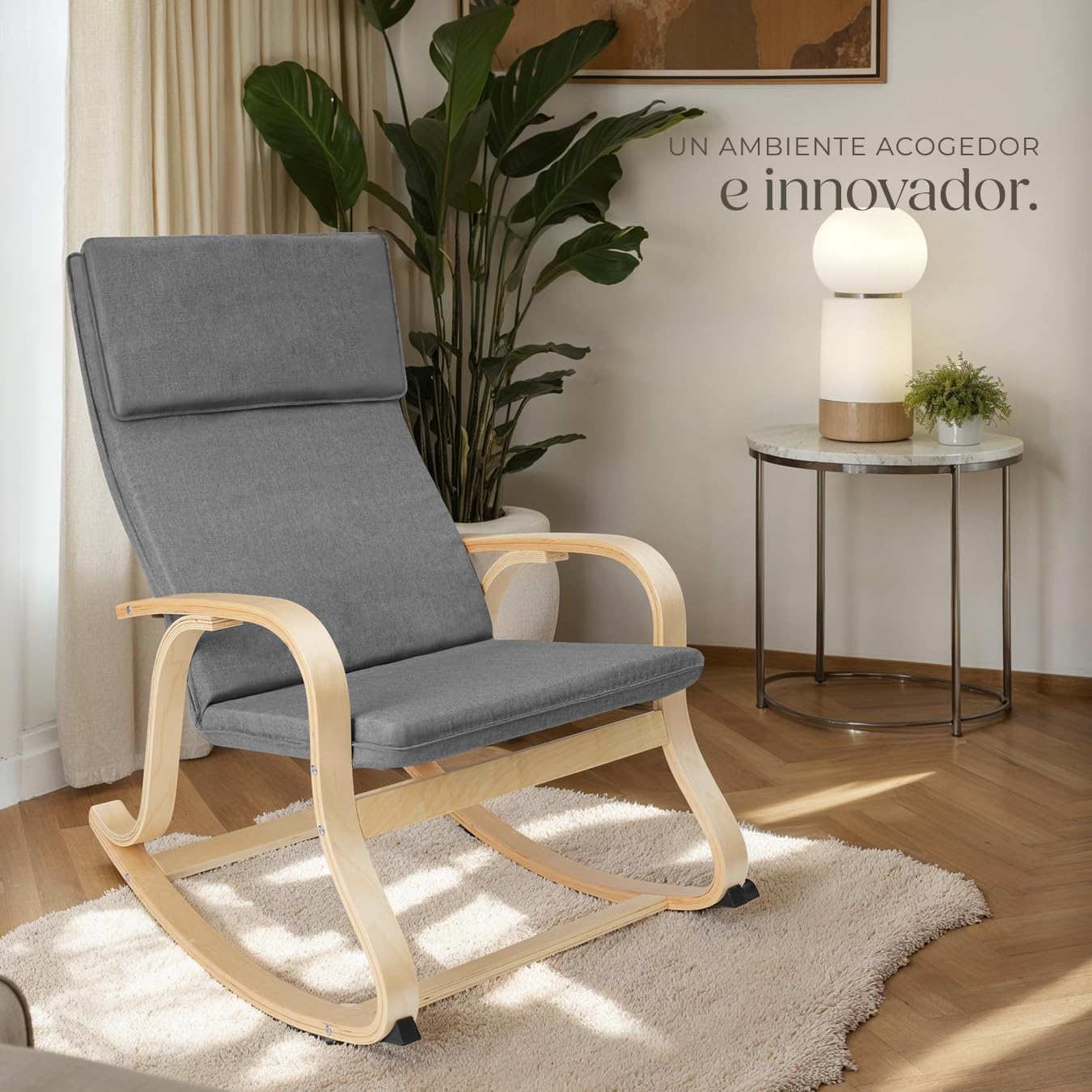 tectake® Mecedora Roca de Madera de Abedul 150kg, Silla Mecedora, Oscilante, Sillón Ergonómico para Balanceo - Gris Claro