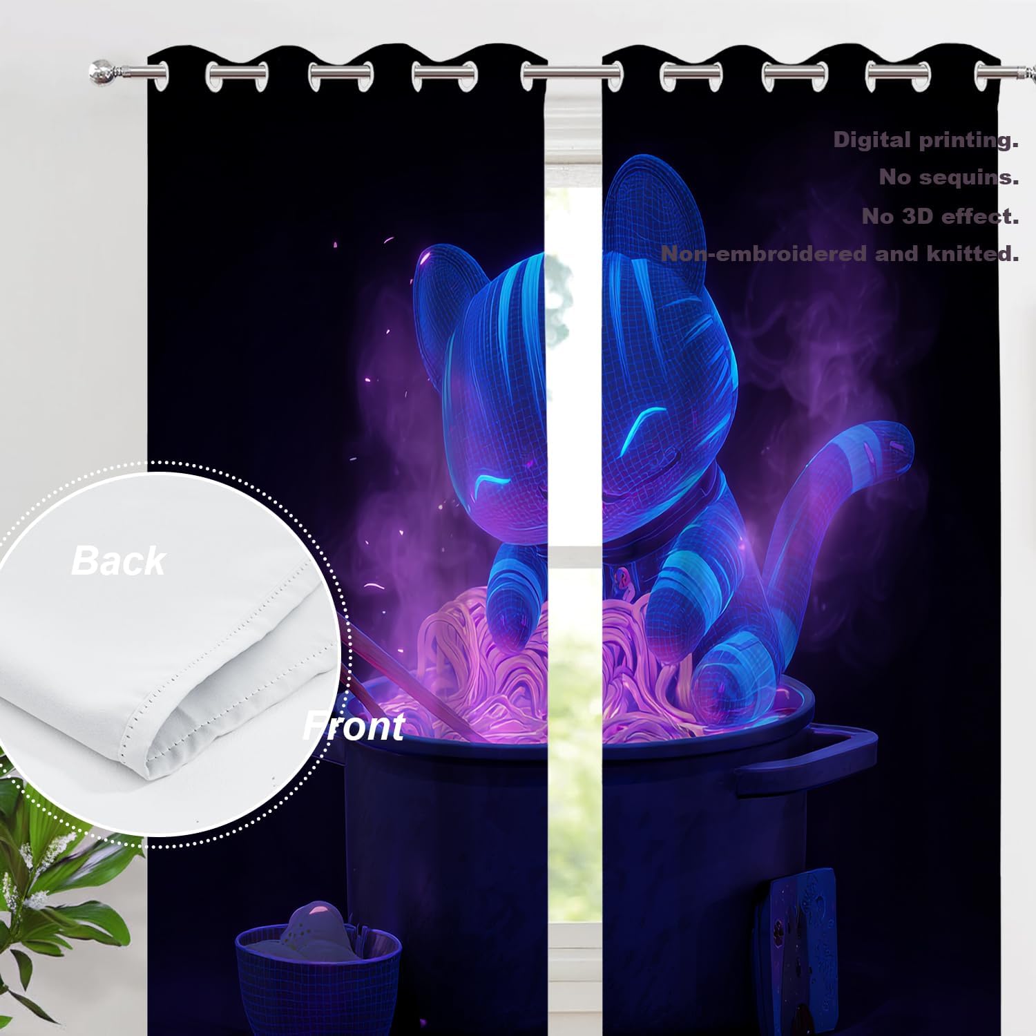 Batmerry Cyberpunk Plush Cat Bedroom Blackout Curtains, Holographic Pot Violet Steam Grommet Long Drapes Thermal Insulated Curtains, Set of 2 Panels, 52x63 inches