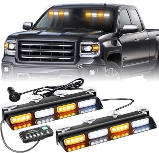 Emergency Dash Strobe Lights Safety Flashing Warning Hazard Interior Front/Rear Windshield Deck Split Light Bar w/Suction Cups for Construction Vehicles Trucks (2x14 inch, Amber White)