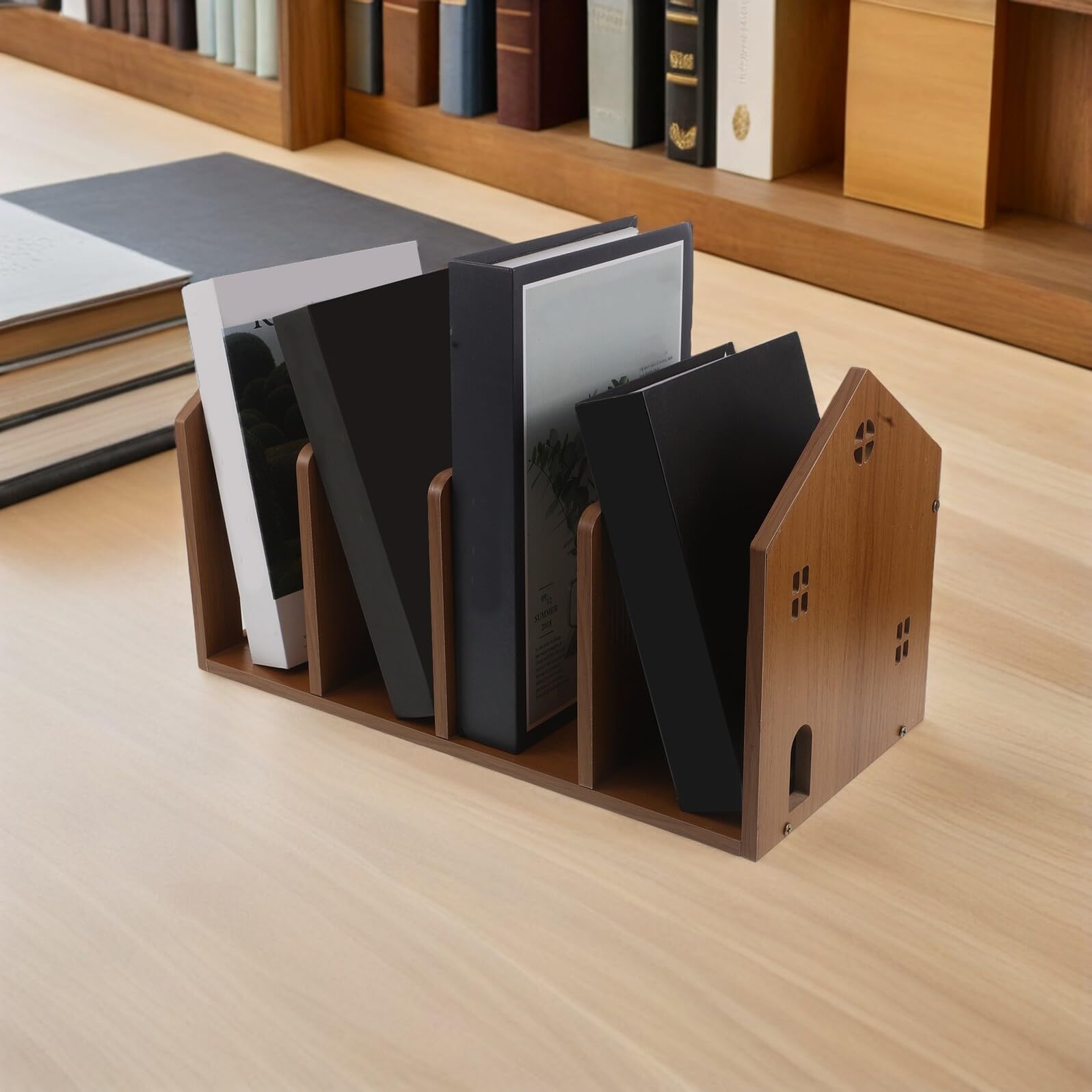 Sosoport Scaffale da Scrivania in Legno Marrone Chiaro, Libreria da Tavolo Compatta per Ufficio e Studio, Organizzatore Porta Libri e Accessori per Scrivania Piccola e Portatile