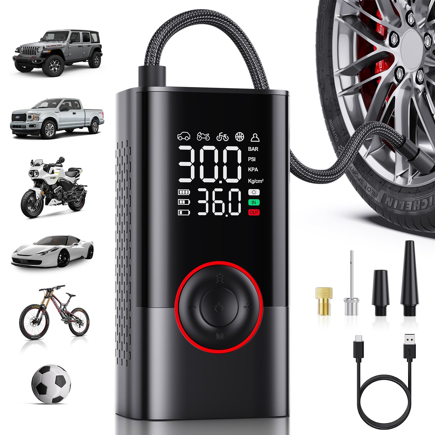 Portable Tire Inflator with Compressor - Cordless Mini Air Pump with Digital Pressure Gauge, 150 PSI, 3 Times Faster Inflation and Auto Shut Off Function Global Recycled Standard Global Recycled Standard Global Recycled Standard