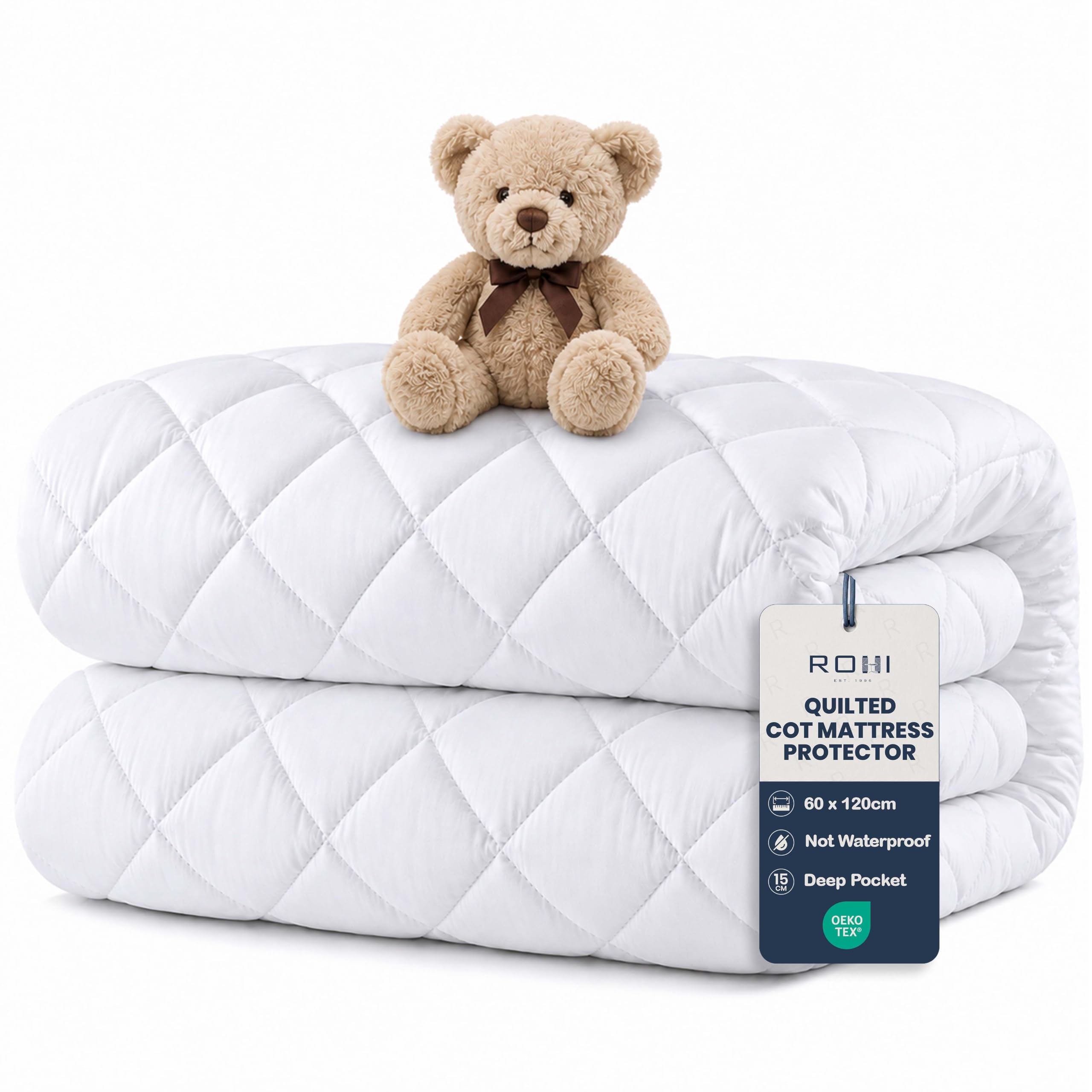 Rohi Microfibre 15cm Deep Quilted Cot Bed Mattress Protector 2 Pack 60 x 120cm – Microfibre Bed Bug & Dust Mite Proof Cot Mattress Cover, Breathable & Anti Allergy, 6″ Deep Fitted Cover — image 1