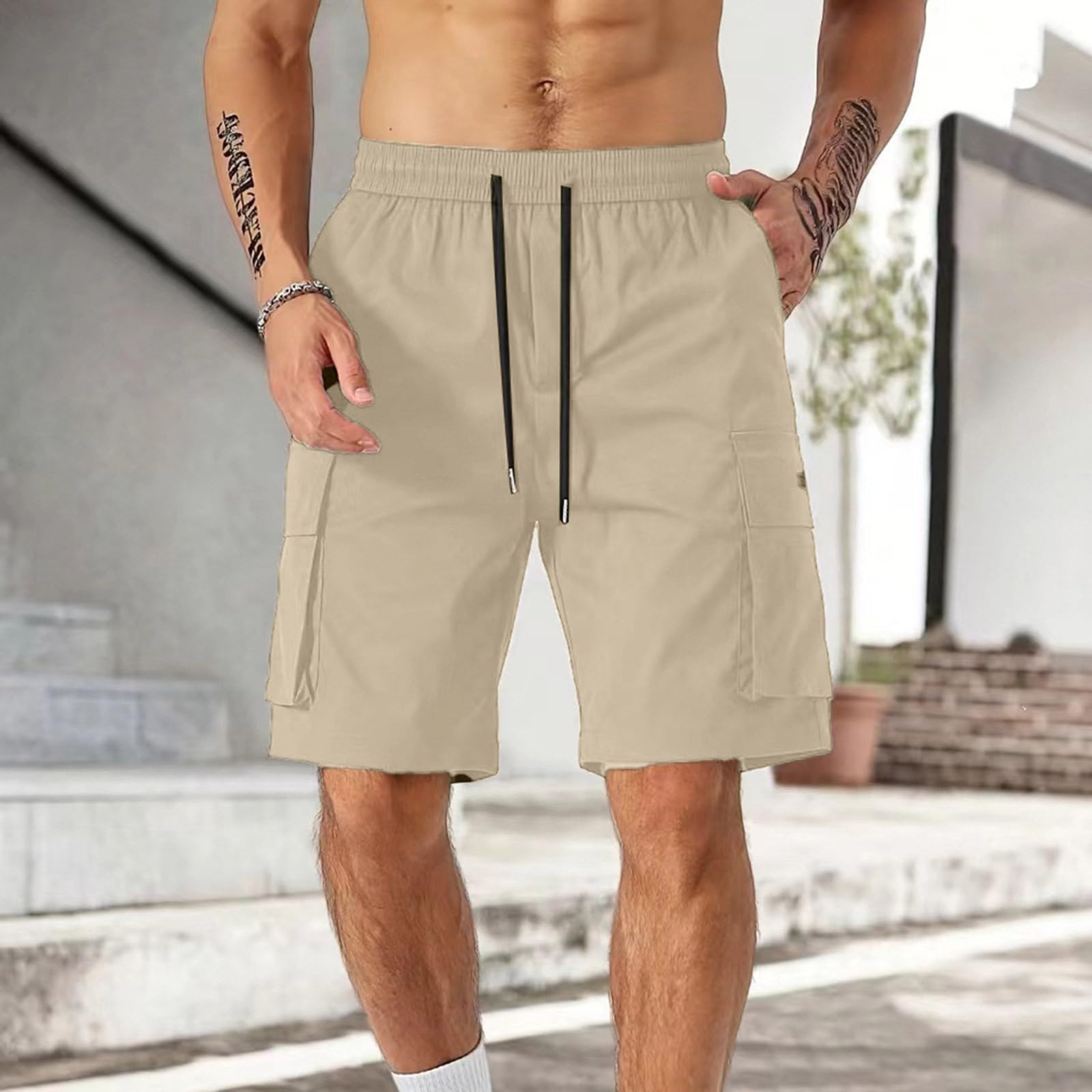 Mens Elastic Waist Shorts Knee Length Cargo Casual Summer Shorts Lightweight Outdoor Work Hiking Short with Pockets Breathable Chino Golf Short Stretch Active SweatShorts Carpenter Construction Pants
