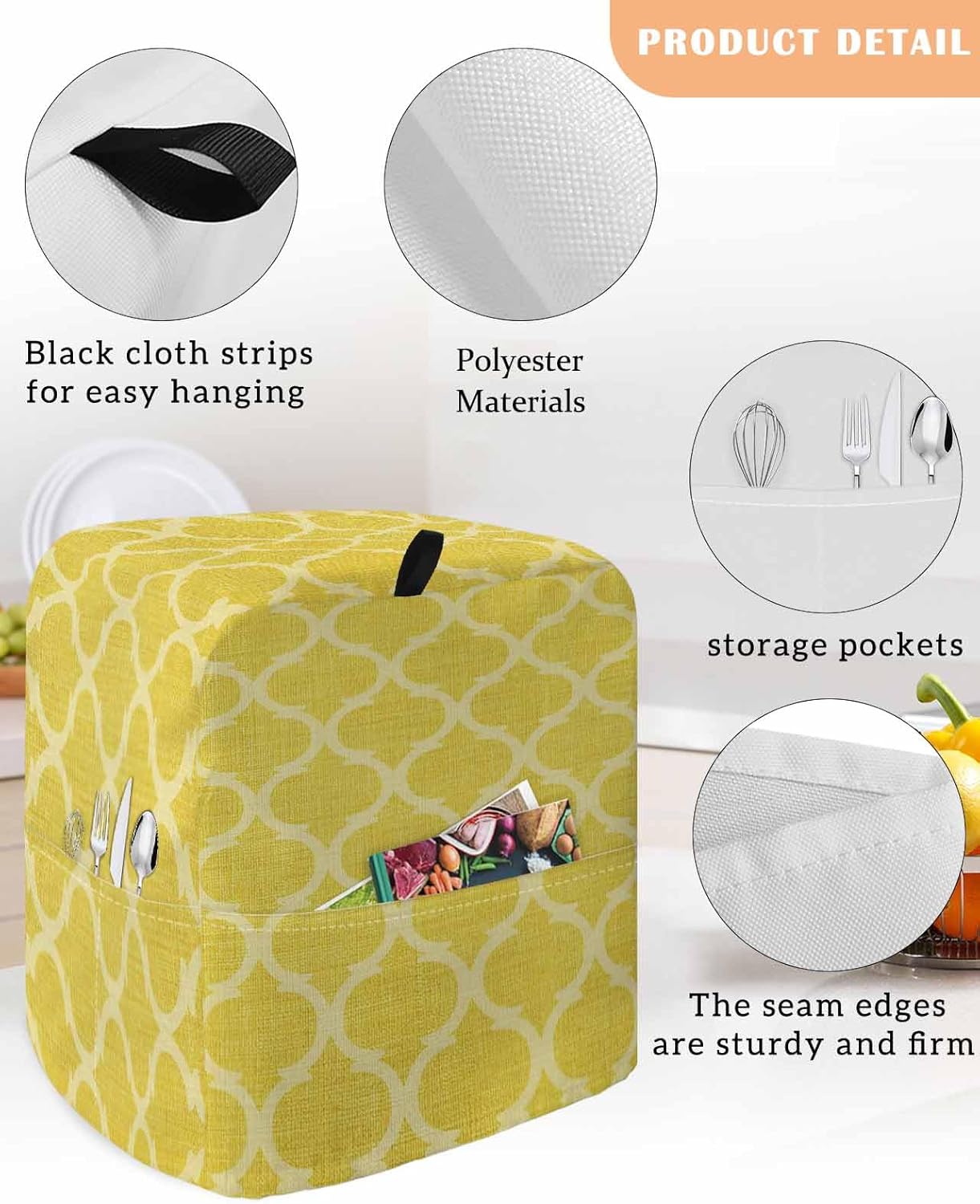 Yellow Morocco Stand Mixer Cover with Storage Pocket, Waterproof Kitchen Mixer Covers, Bohemia Nation Abstract Geometric Motifs Kitchen Appliance Dust Cover Compatible with 5-8 Quart Mixers