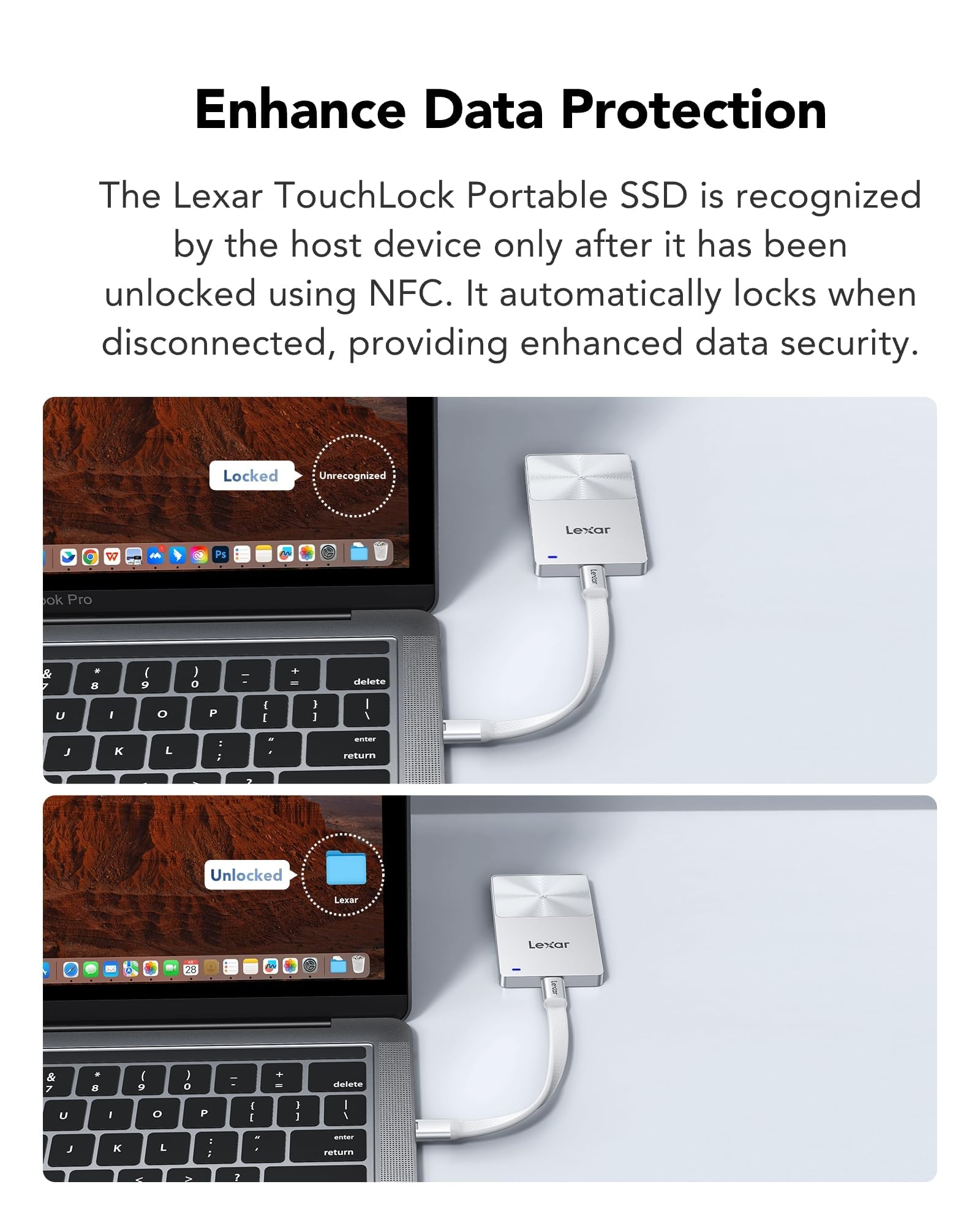 Lexar TouchLock Portátil SSD 1TB con Autenticación de Cifrado NFC de un Solo Toque, Unidades de Estado Sólido Externas USB 3.2 Gen2, Compatible con SSD Magnético para iPhone 17/16, Tabletas y PC