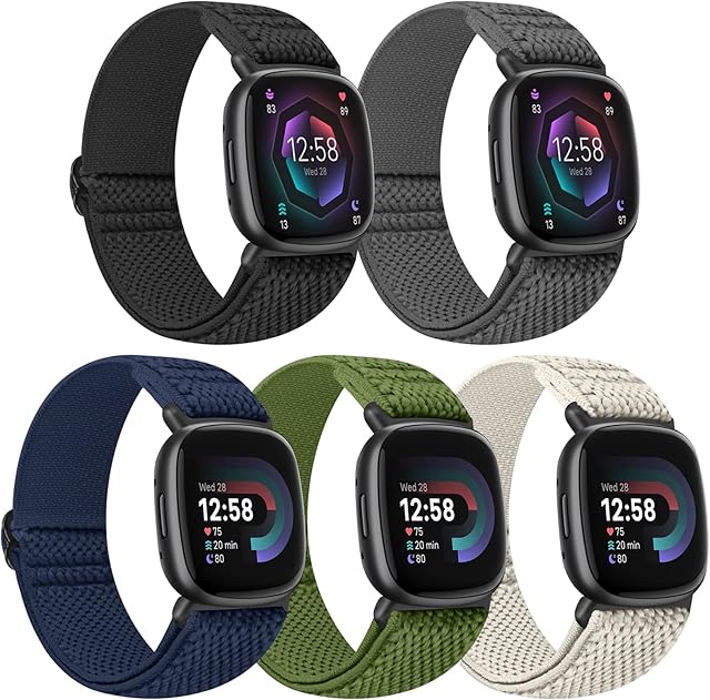 Tiptops 5 Pack Straps Compatible for Fitbit Versa 4/Fitbit Sense 2 Straps/Fitbit Versa 3/Fitbit Sense Bands Men Women, Adjustable Comfortable Loop Nylon Sports Replacement Stretchy Bands