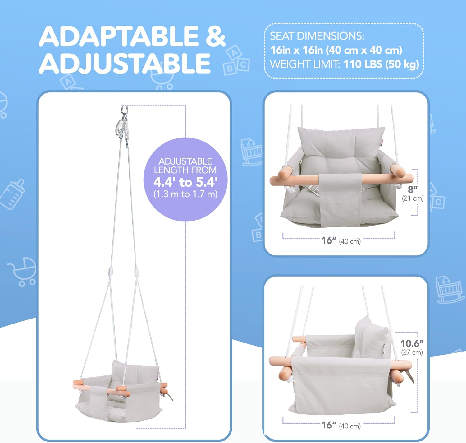 CaTeam - Canvas Baby Swing, Wooden Hanging Swing Seat Chair with Safety Belt, Durable Baby Swing Chair, Outdoor and Indoor Swing for Kids, Mounting Hardware Included, Gray